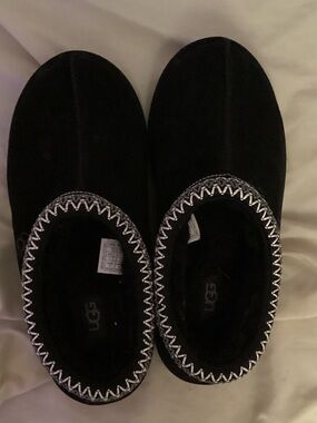 UGG Black Suede Slip-On Moccasin Slippers with Contrast Stitching
